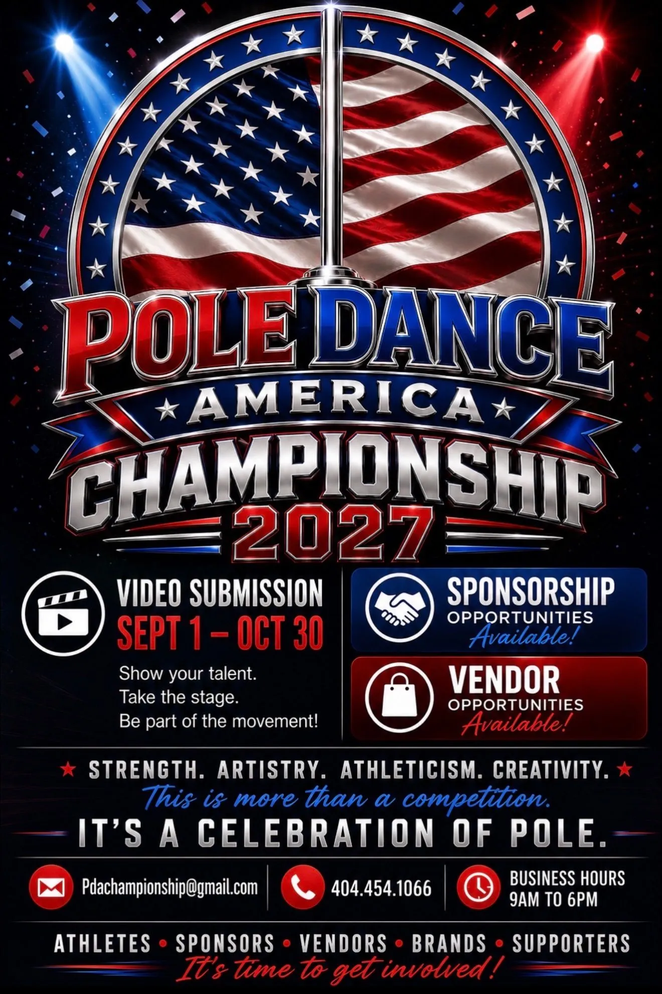 Pole Dance America Championship 2027 event poster with video submissions open September 1 through October 30, plus sponsorship and vendor opportunities