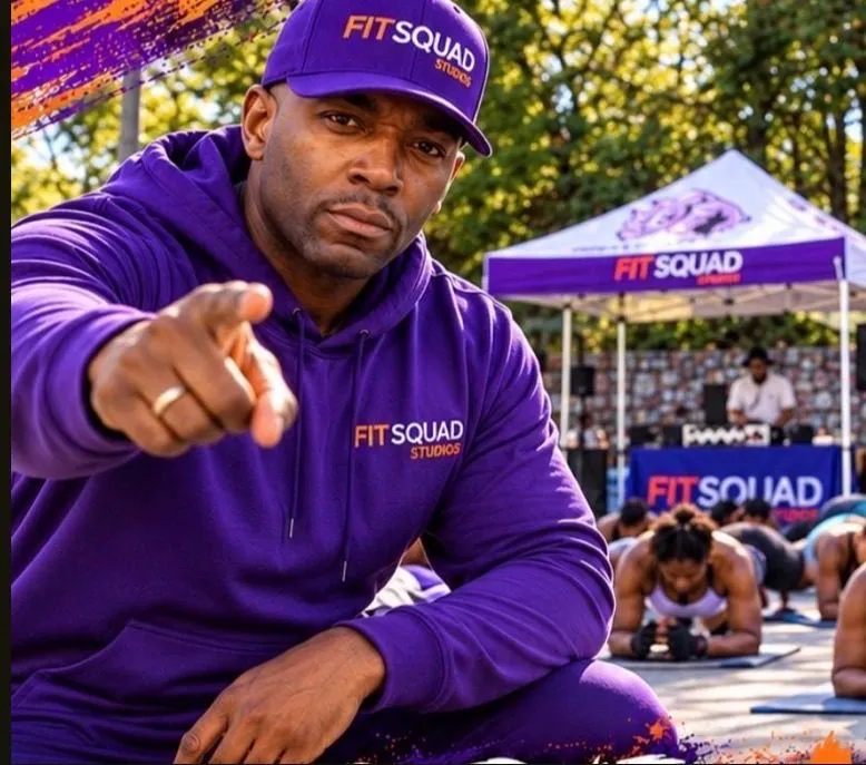 Moses Carroll in his purple FitSquad gear, welcoming the community at an outdoor group fitness event