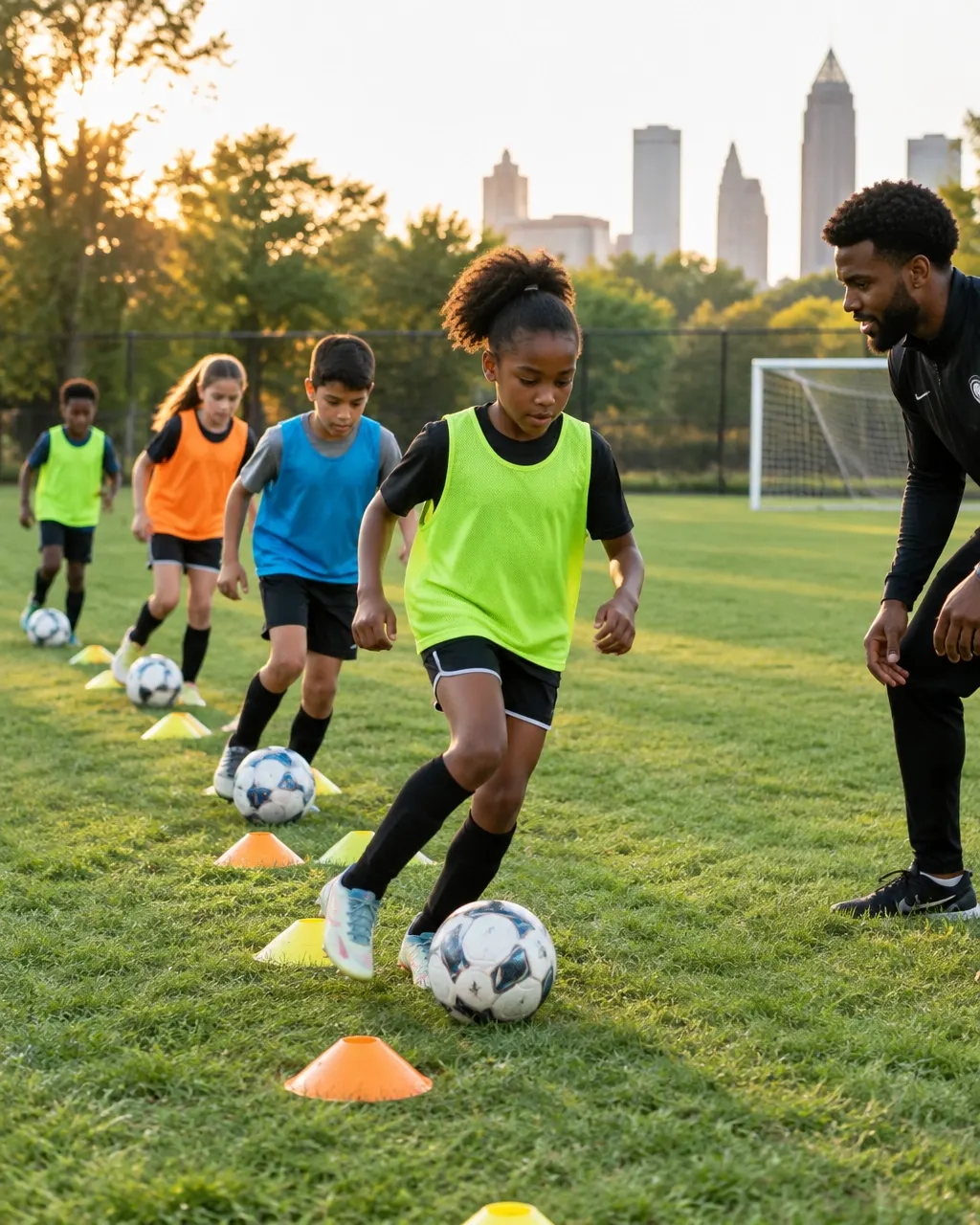 Young players developing soccer skills on a field